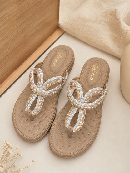 Women’s Rhinestone Loop Flat Sandals – Beige