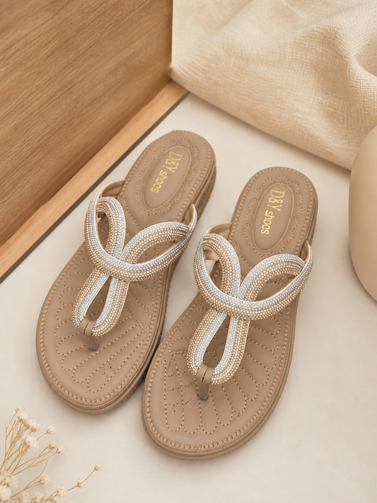 Women’s Rhinestone Loop Flat Sandals – Beige